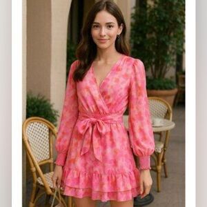 Japna Long Sleeve Watercolor Print Smocked Dress Size S